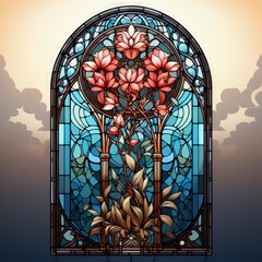 Historical Church Stained Glass Window with Symmetrical Patterns