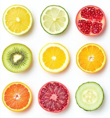 Fresh and Vibrant Citrus and Fruit Slices Displayed in a Stylish Arrangement for Healthy Lifestyle and Culinary Inspiration