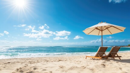 Beach Chairs and Umbrella on Sunny Coastline