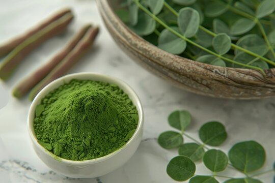 Ultra Hd Visual of Edible Moringa Leaves with Extract and Ground Paste