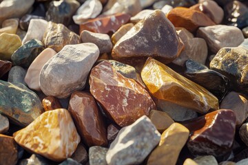 A colorful assortment of polished stones glistens under the warm afternoon sun