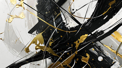Obraz premium Dynamic abstract art with striking black, white, and metallic gold splashes creating energetic movement and modern sophistication