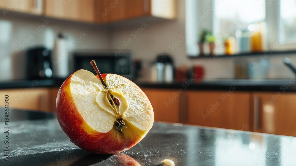 Poster a family kitchen where an apple core sits on a counter after being sliced.