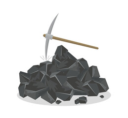 Icon of a pile of coal with a pickaxe on a white background. Coal mining concept. Coal industry.