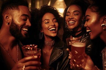 Group of african american friends sharing laughter and drinks, showcasing joyful expressions and camaraderie in warm, intimate setting. Emphasis on connection and happiness during night ou