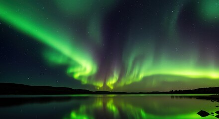 Stunning Northern Lights Reflecting Over a Calm Lake at Night