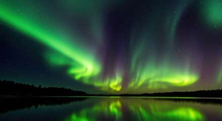Stunning northern lights illuminate a serene lake at night with reflections