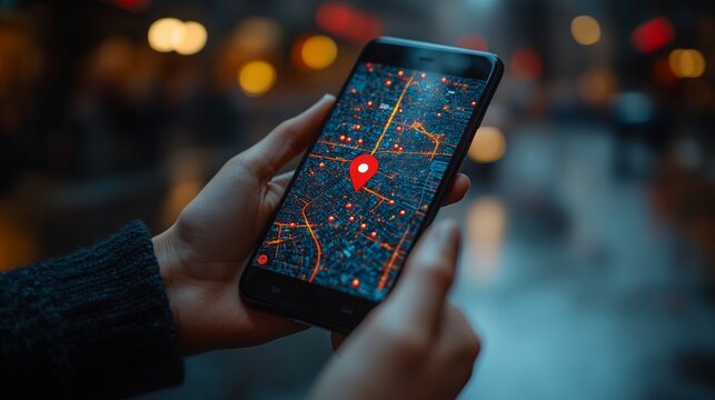 Holding phone with city map and red pin for navigation app