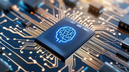 A chip with the letters "AI" on it, and an icon of a human head in blue color floating above it