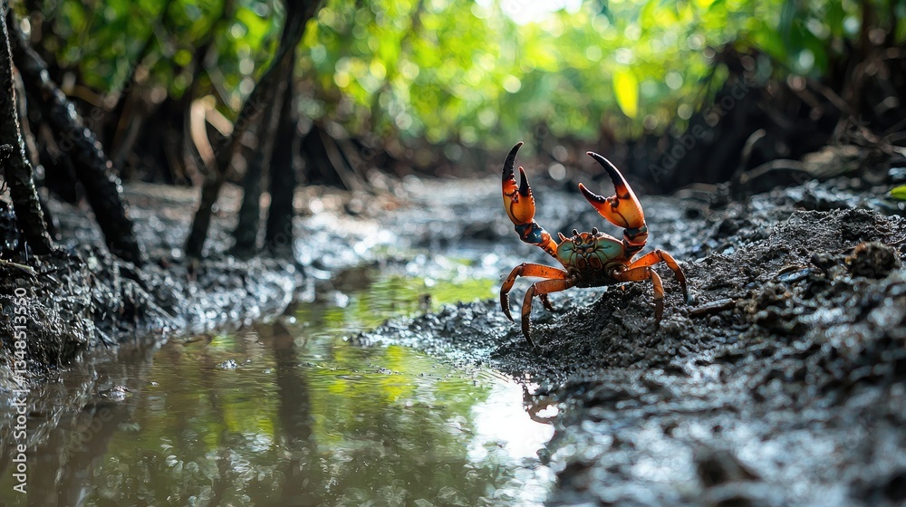 Poster a fiddler crab waving its large claw in a muddy mangrove area.