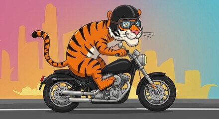 Cool Tiger Riding a Motorcycle on City Street Cartoon Illustration