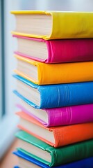 Fototapeta premium Stack of colorful books leaning by window, educational reading for learning in library