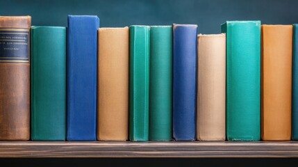 Naklejka premium vintage books with worn covers, arranged on an old wooden shelf against a dark background.