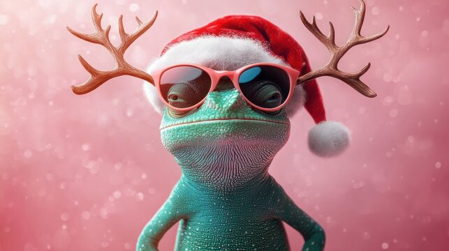 Merry Christmas Chameleon Holiday Greeting Card Cool Cute Pet with Santa Hat Sunglasses Reindeer Antlers Pink Background