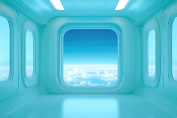 Bright, futuristic room with large window showcasing serene oute