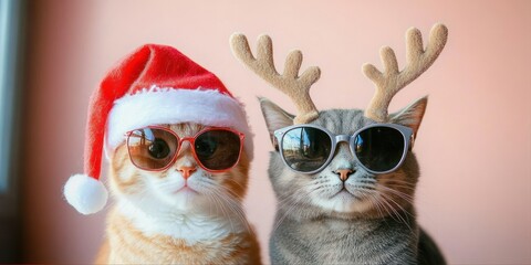 Fototapeta premium Funny Christmas Cats with Sunglasses Santa Hat and Reindeer Antlers on Pink Background Holiday Greeting Card