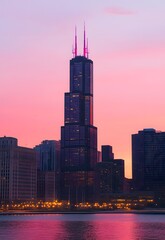 Obraz premium A tall skyscraper stands amongst other buildings at dusk
