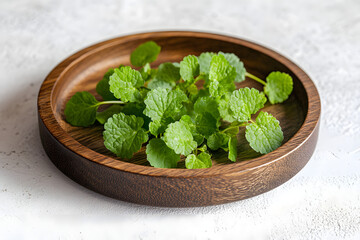Fresh Herbs in Wooden Bowl, Green Leaves