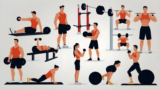 Multiple Gym Exercises in Single Image &ndash; Vector Fitness and Workout Icon Set