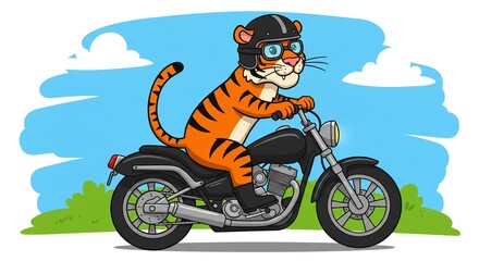 Cool Tiger Riding a Motorcycle Outdoors Cartoon Illustration