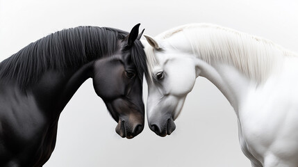 White Horse and Black Horse on Light Background Two horses, one black and one white, facing each other on a white background, symbolizing contrast and harmony.