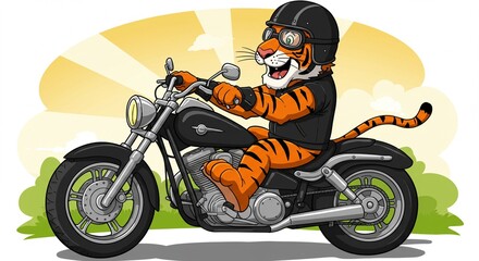 Cartoon Tiger Riding a Motorcycle Fun Illustration Wild Animal on Chopper Bike Outdoors Scene
