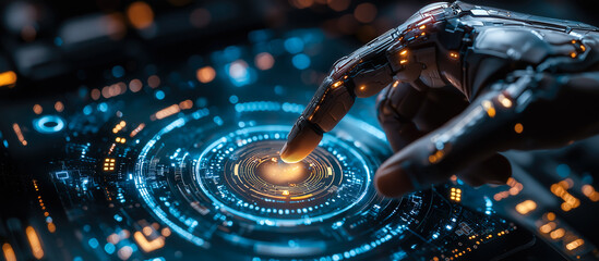 Fototapeta premium A robot hand points towards a holographic display showcasing cyber security symbols. The intersection of Artificial Intelligence, cyber security, and global communication technology. Generative AI.