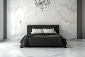 Modern bedroom interior with marble wall, luxurious bed, and crystal chandelier