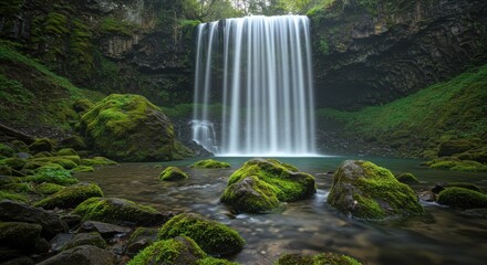 Serene waterfall cascading over moss-covered rocks in a lush green forest