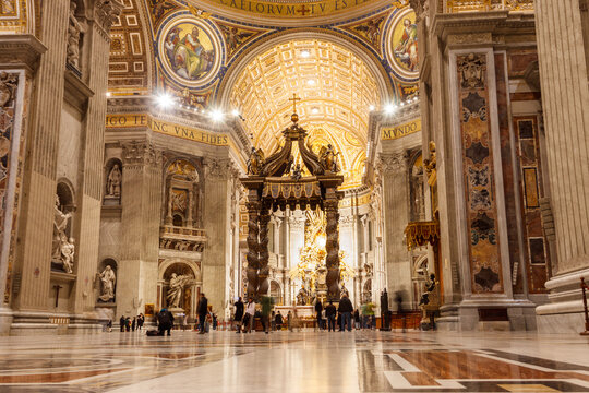 Interiors and architectural details of St. Peter Basilica in Vatican