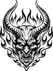 Fototapeta premium Mythological Demons legendary dark entities in SVG and vector format. Intricate Black and White Demon Illustration with Flames