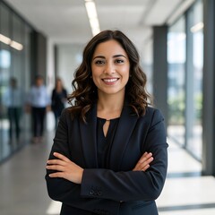 Una mujer de negocios con los brazos cruzados en su oficina. Una mujer de negocios con poses confiables y traje.