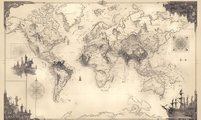 Fototapeta premium Pencil sketch of a fantasy world map with nine uniquely connected continents, characterized by varied terrain and a mysterious atmosphere