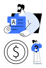 Man holding puzzle piece with text, circle with dollar sign, and woman pondering while holding question mark. Ideal for problem solving, decision making, finance, business strategy, education