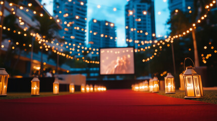 A beautifully decorated outdoor movie screening with string lights creating a cozy and inviting atmosphere. The red carpet leads to a giant movie screen showcasing an upcoming film