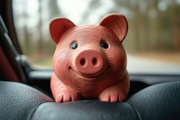 Pink Piggy Bank in Car Interior Saving Money for Vehicle Purchase Insurance Driving Costs Expenses