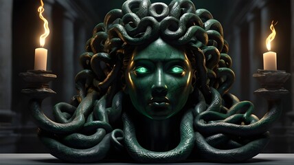 Obraz premium A Medusa head statue carved from black obsidian, with glowing emerald-green eyes and intricately coiled snakes, displayed in an ancient Roman gallery with torches lighting the scene,Generative Ai 
