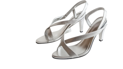 Pair of elegant silver high heel sandals isolated on transparent background