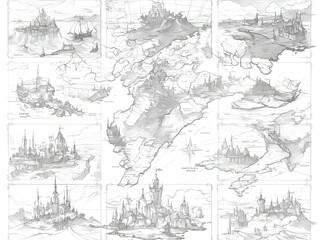 Fototapeta premium Pencil sketch of a fantasy world map with nine uniquely connected continents, characterized by varied terrain and a mysterious atmosphere
