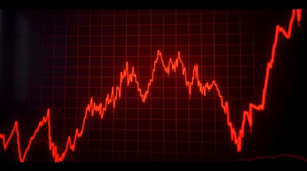 Red zigzag line graph on a dark grid background shows volatile fluctuations, conveying a sense of intensity and alertness in financial data analysis