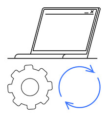 Open laptop screen alongside a gear and circular arrows conveying functionality, updates, and system processes. Ideal for technology, software, automation, progress, workflow, system updates