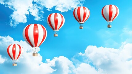 Obraz premium Colorful Hot Air Balloons Floating in a Bright Blue Sky with Fluffy White Clouds