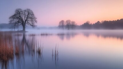 Fototapeta premium Beautiful trees and tranquil water reflect a soft colorful sunrise