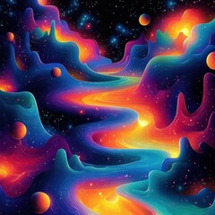 Psychedelic Abstract Dreamscape Jungle Landscape with Neon Colors in Cosmic Background