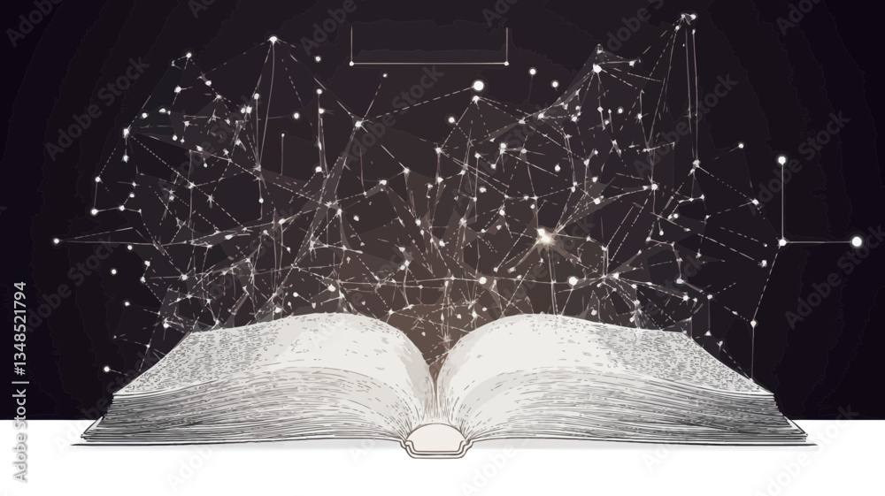 Poster abstract polygonal open book with light connection structure in low poly vector style for business c