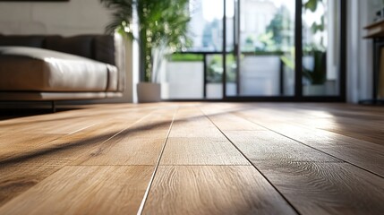 A close-up of warm wooden flooring in a modern living room, large windows in the background with soft natural light streaming in