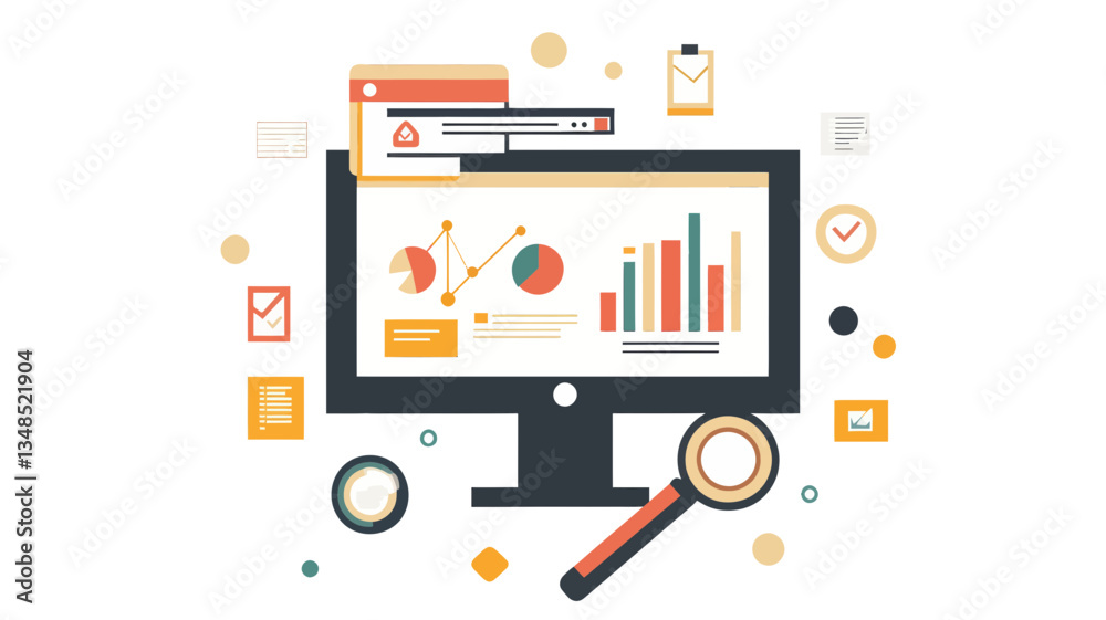 Poster flat design modern seo concept with data analytics displayed on computer screen, charts, graphs and 