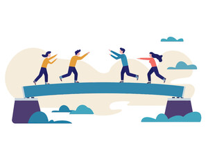 Collaborative Teamwork Business Bridge Connecting Pathway to Success Flat Minimalist Vector Illustration