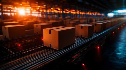 Obraz premium Automated Warehouse Conveyor Belt with Cardboard Boxes Logistics Distribution