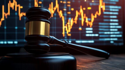 Judicial gavel with stock market graph background.